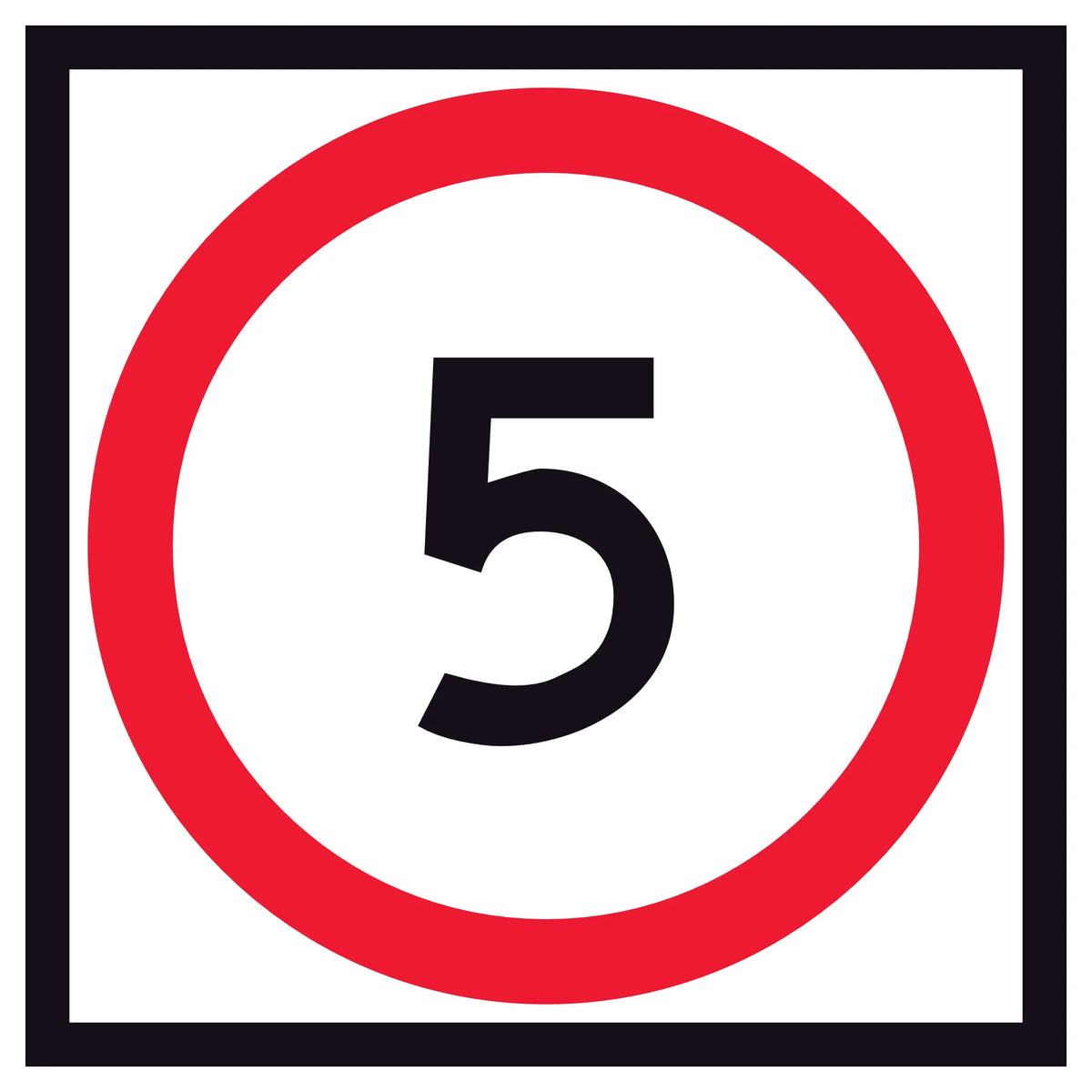 RM4-1A(5) 5 Speed Limit traffic control sign, 600x600mm corflute panel, black legend, red annulus, white reflective background.