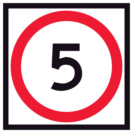 RM4-1A(5) 5 Speed Limit traffic control sign, 600x600mm corflute panel, black legend, red annulus, white reflective background.