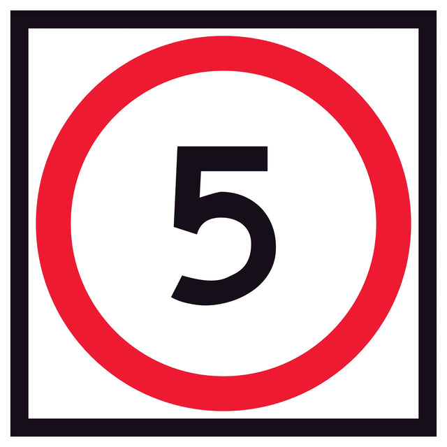 RM4-1A(5) 5 Speed Limit traffic control sign, 600x600mm corflute panel, black legend, red annulus, white reflective background.