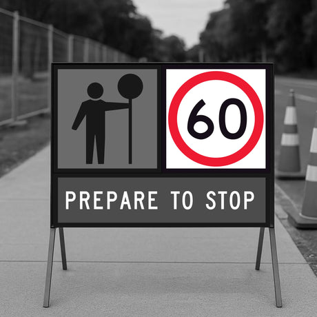 Temporary Traffic road sign indicating a speed limit of 60 and a traffic controller sign on a road.