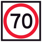 RM4-1A(70) 600x600mm corflute 70 km/h speed-limit sign with a red circle on a white background