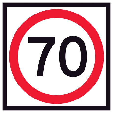 RM4-1A(70) 600x600mm corflute 70 km/h speed-limit sign with a red circle on a white background