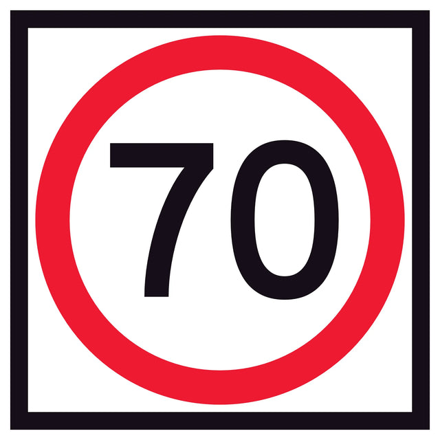 RM4-1A(70) 600x600mm corflute 70 km/h speed-limit sign with a red circle on a white background