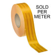 Roll of yellow Class 1 reflective tape on a cardboard core with a length unrolled showing the diamond pattern face, labelled sold per meter