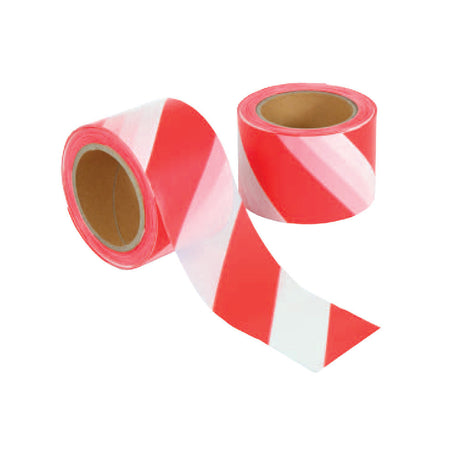 Two rolls of red and white diagonal striped barrier tape on cardboard cores, one with a length unrolled