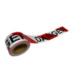 Roll of red and white striped barrier tape with bold black DANGER text, partly unrolled