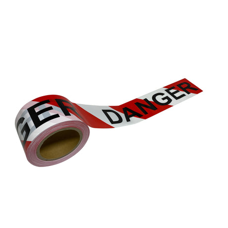 Roll of red and white striped barrier tape with bold black DANGER text, partly unrolled