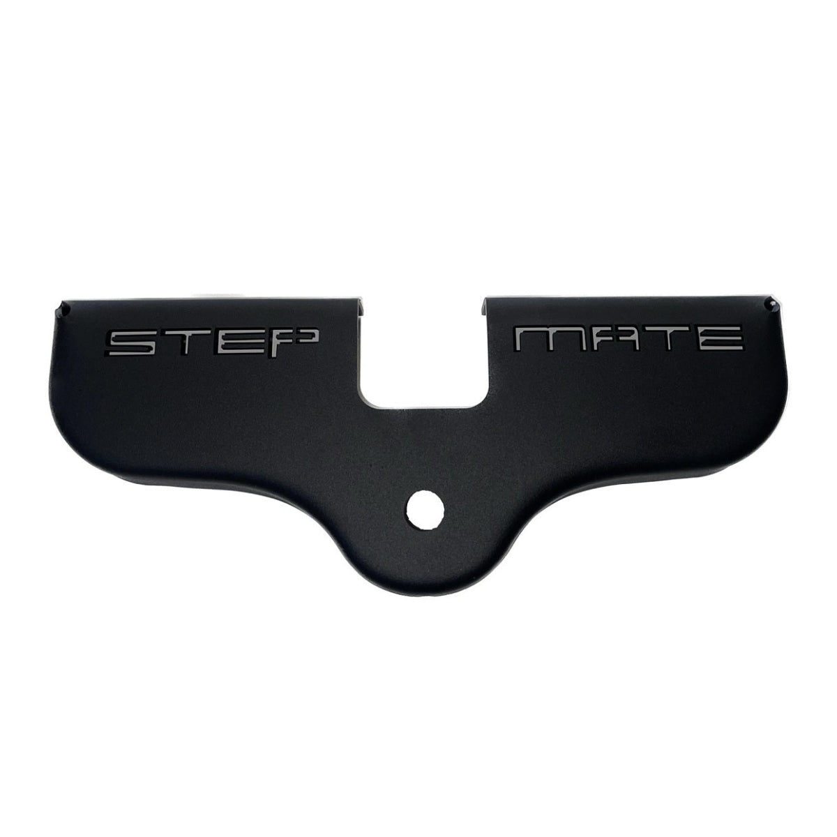 Black Stepmate towbar step with laser-cut lettering and tow ball hole, white background
