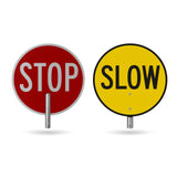 STOP and SLOW faces of the 450mm bat head shown side by side, red STOP and yellow SLOW with pole brackets