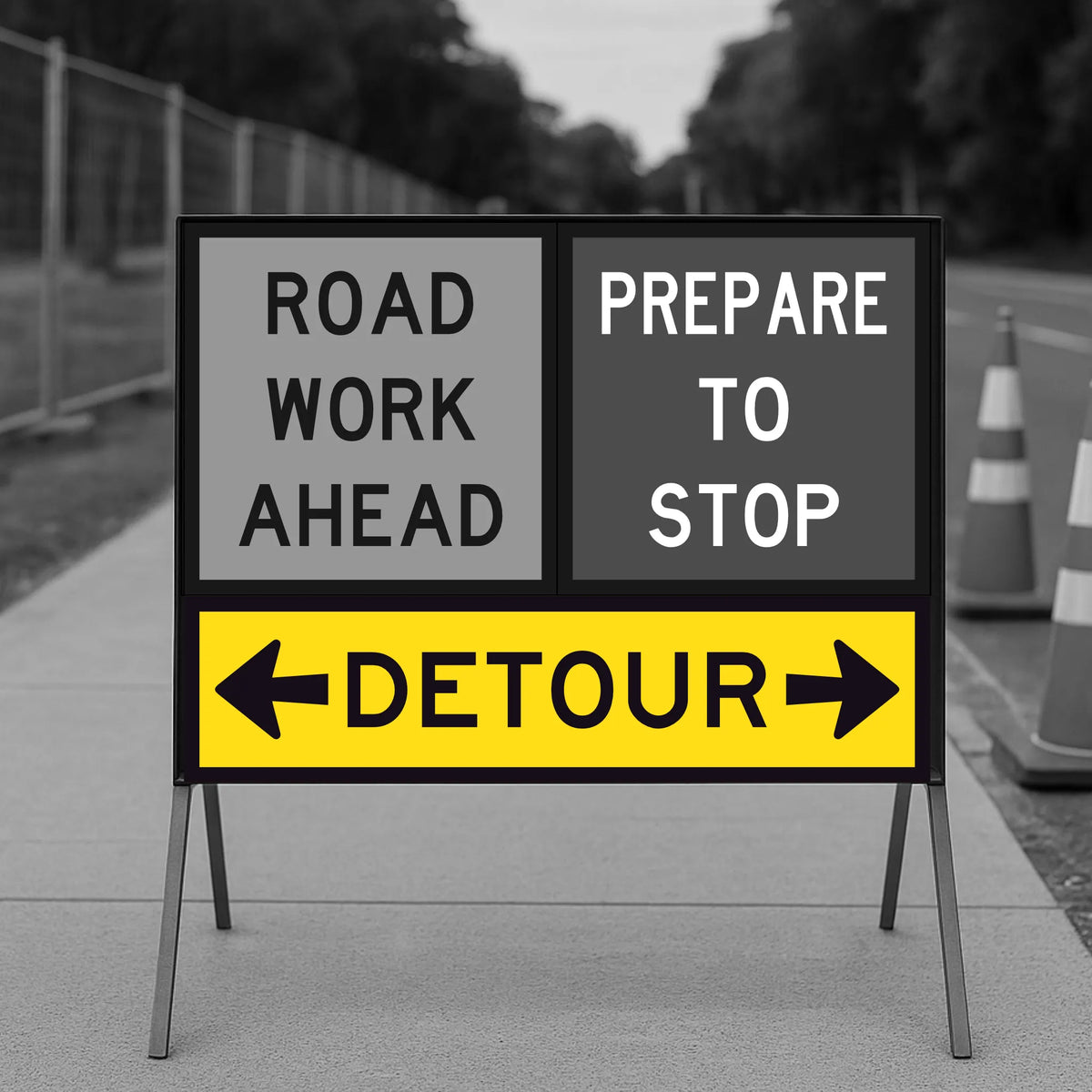 Temporary traffic control road work ahead sign with detour instructions on a stand.