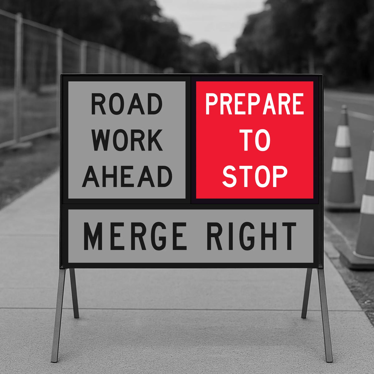 temporary traffic control  work sign with text 'Road work ahead, prepare to stop, merge right' on a stand.