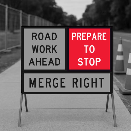 temporary traffic control  work sign with text 'Road work ahead, prepare to stop, merge right' on a stand.