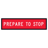 TM1-18B temporary traffic sign “PREPARE TO STOP” white text on retroreflective red – 1200x300mm corflute sign panel.