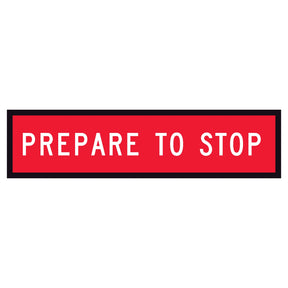 TM1-18B temporary traffic sign “PREPARE TO STOP” white text on retroreflective red – 1200x300mm corflute sign panel.