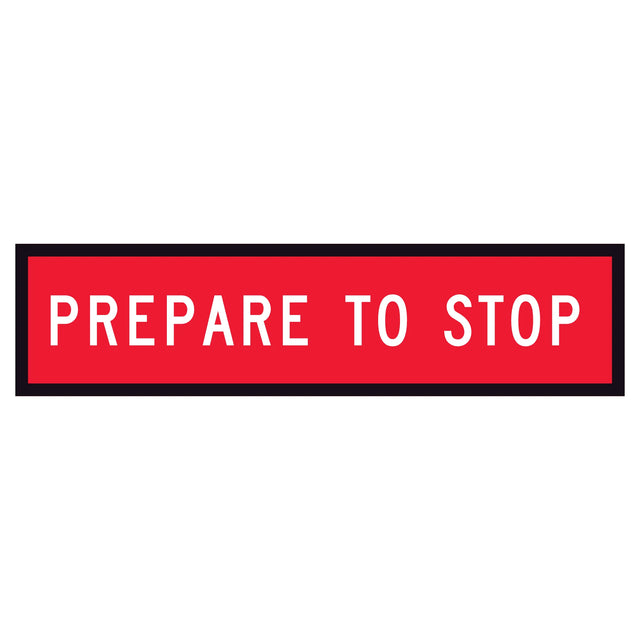 TM1-18B temporary traffic sign “PREPARE TO STOP” white text on retroreflective red – 1200x300mm corflute sign panel.