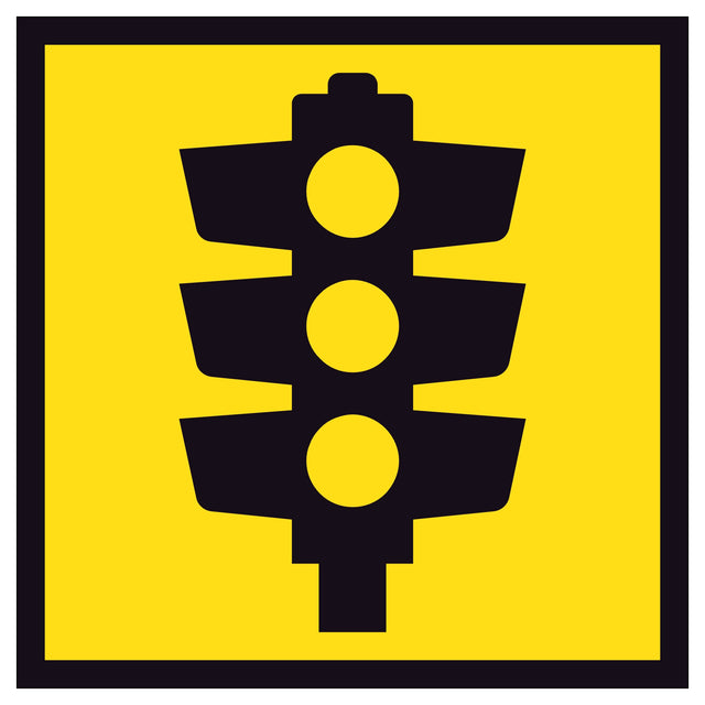 Traffic Lights TM1-30A 600x600mm corflute sign panel with black traffic signals symbol and border on yellow retroreflective background