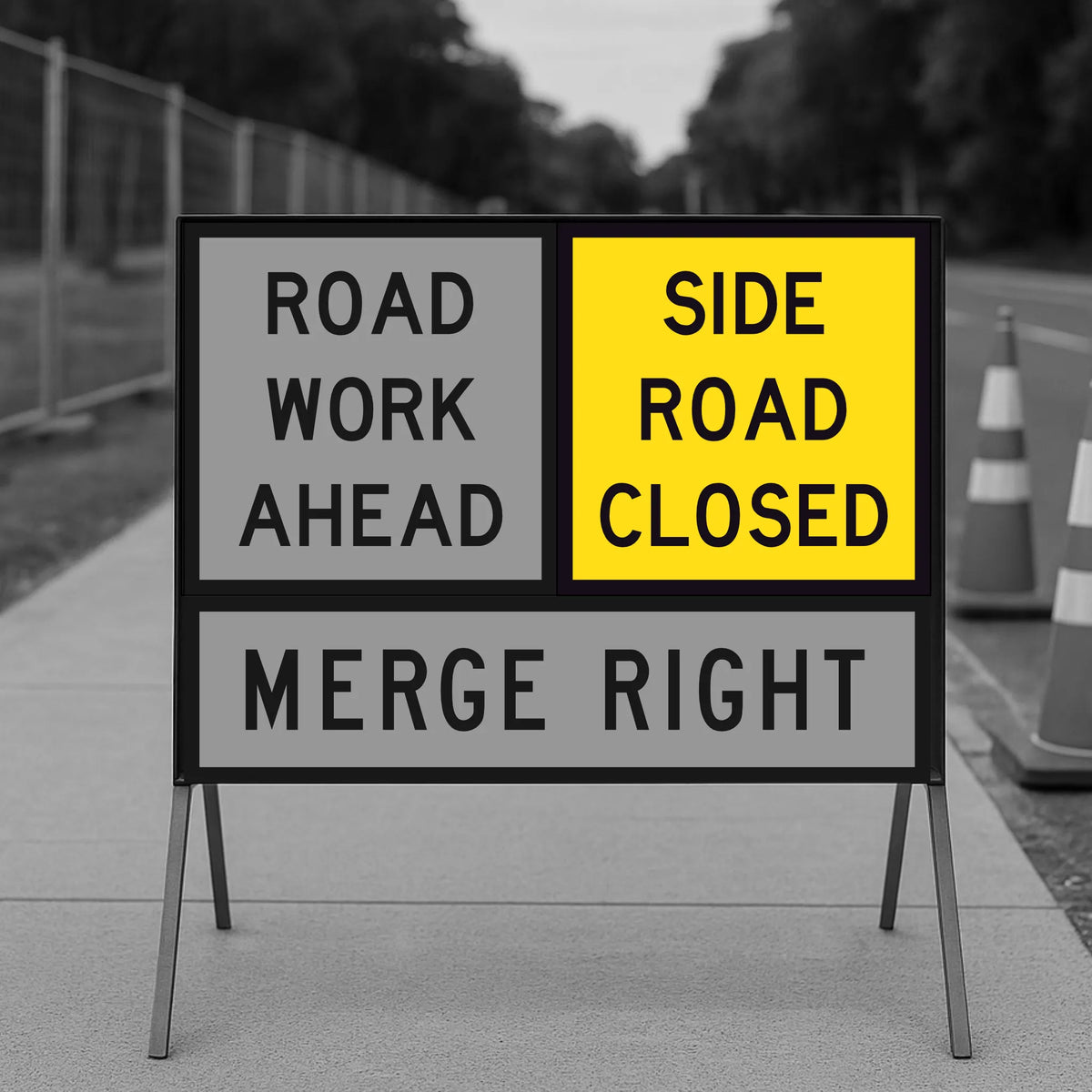 Road work sign indicating 'Road work ahead, side road closed, merge right' on a blurred background.