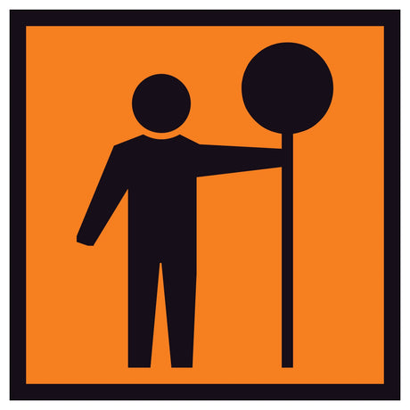 Black icon of a person holding a round sign on an orange background