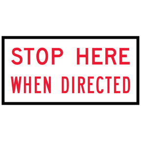TM1-35C Stop Here When Redirected 1200x600mm corflute sign panel with red uppercase legend and black border on white retroreflective background
