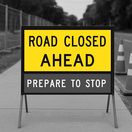 Road Closed Ahead 1200x600mm corflute traffic sign panel – TM1-43C with safety cones in background
