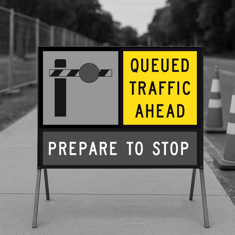 Road sign warning of queued traffic ahead with traffic cones in the background