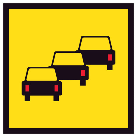 TM1-47A Queued Traffic 600x600mm corflute sign panel with black and red queued vehicle symbol on yellow retroreflective background