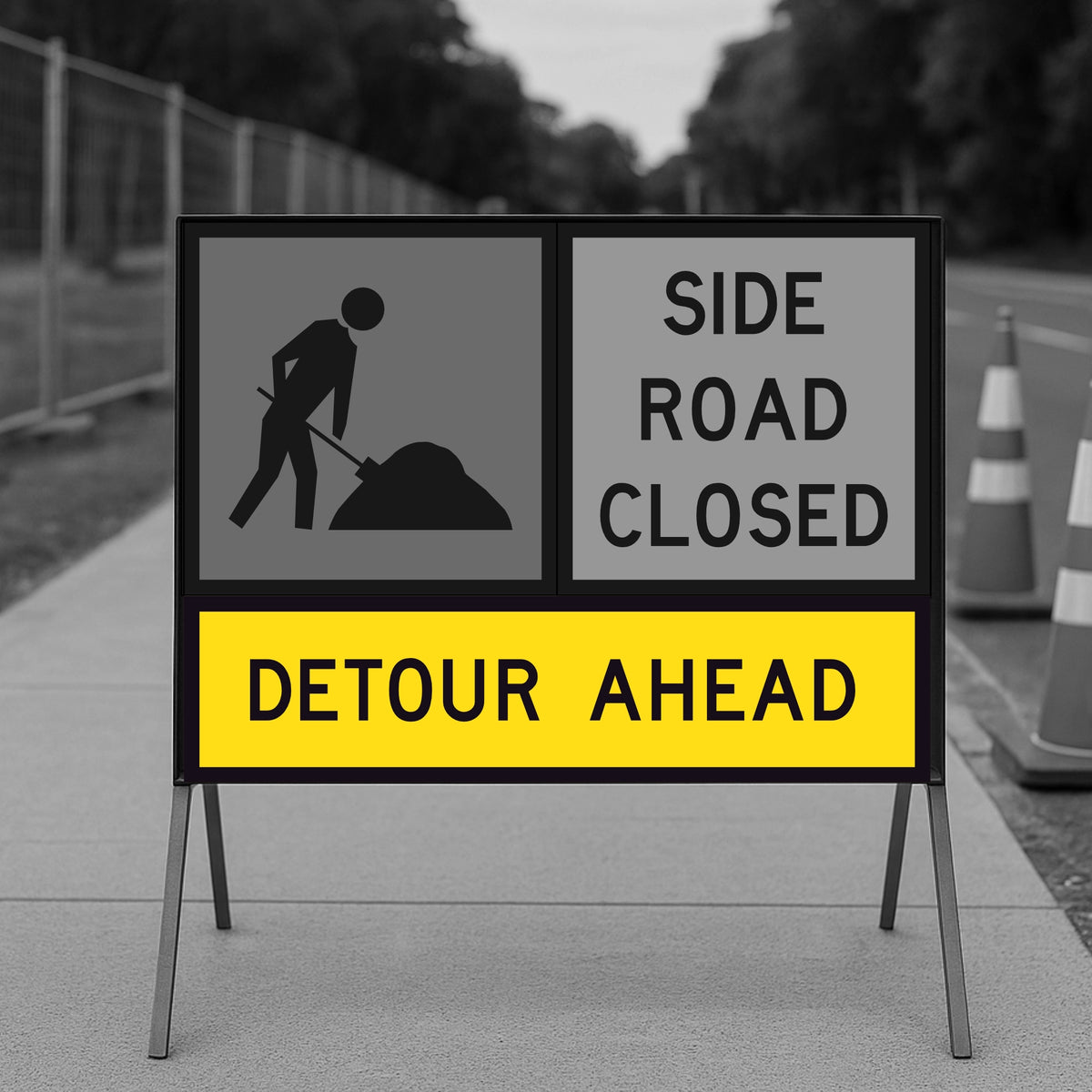 Temporary traffic control roadwork sign indicating 'Side Road Closed, Detour Ahead' with a construction worker icon.