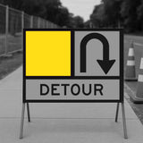 Detour sign with yellow blank square and black arrow on a gray background