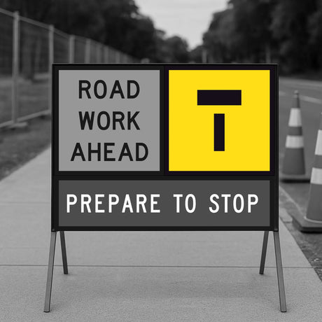 Warning sign indicating road work ahead with a lane closed symbol.