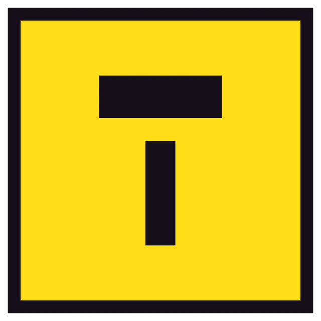 Lane Closed Ahead T Symbol TM10-2A 600x600mm corflute sign panel with black T-shaped lane closed ahead symbol on yellow reflective background.