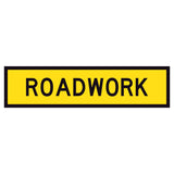 “ROADWORK” black text on retroreflective yellow – 1200x300mm corflute sign panel.
