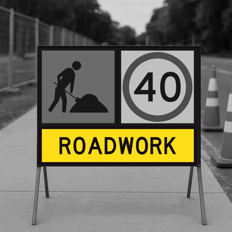 Roadwork sign with a speed limit of 40 and road work symbol on a stand.