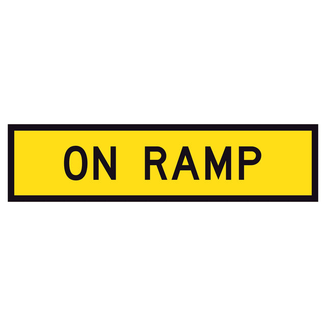 On Ramp TM2-38B 1200x300mm corflute sign panel with black ON RAMP text and border on yellow retroreflective background