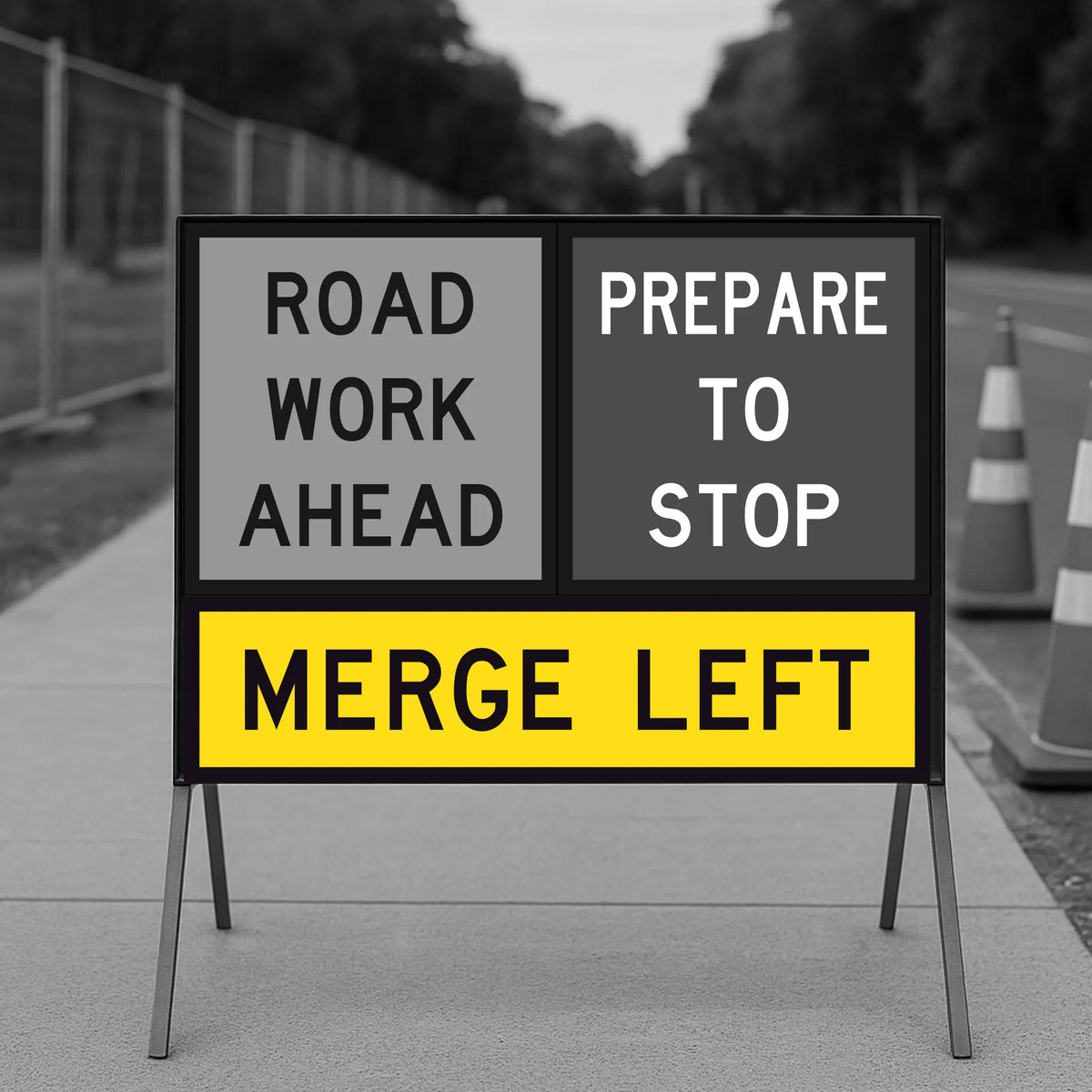 Temporary Traffic Control Road work sign with text 'Road work ahead, prepare to stop, merge left' on a road.