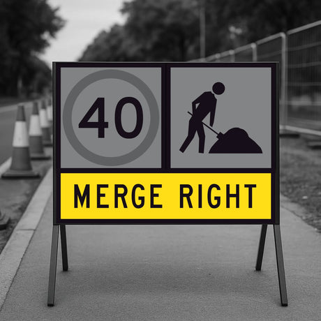 Temporary Traffic Control Construction sign indicating a speed limit of 40 mph and instructing to merge right, with traffic cones and barriers in the background.