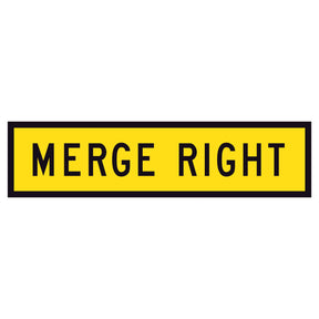 "MERGE RIGHT" TM2-40B black text on retroreflective yellow - 1200x300mm corflute sign panel