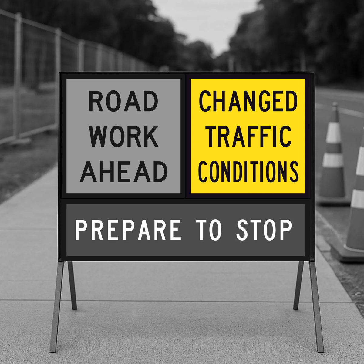 Temporary traffic control road work sign with text 'Road work ahead, changed traffic conditions, prepare to stop' on a sidewalk.