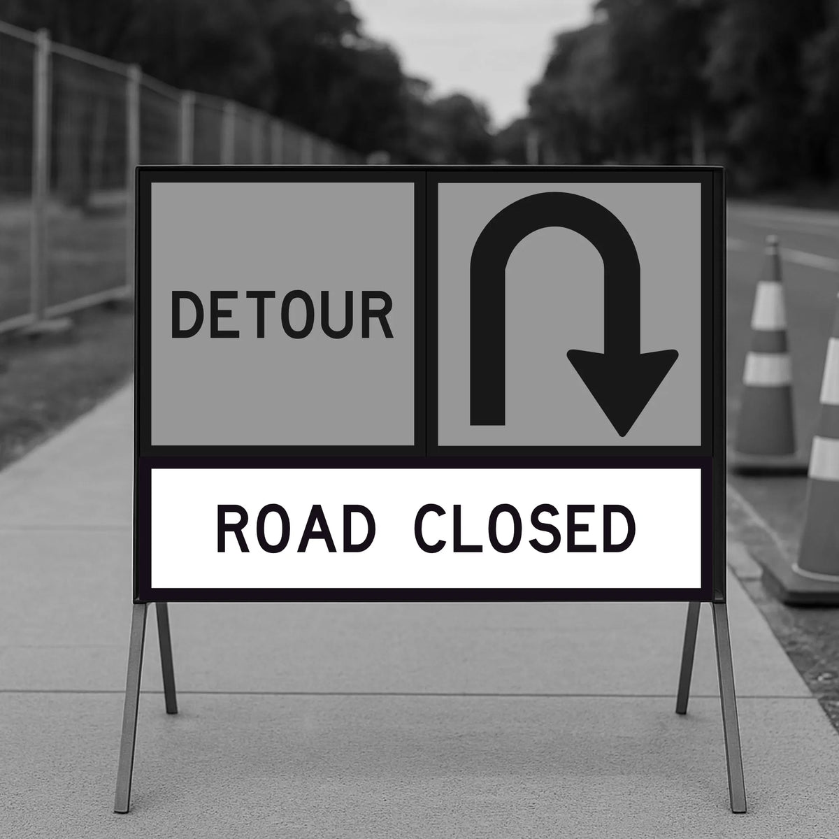 Road Closed and Detour sign panels mounted on a temporary sign frame on a footpath with fencing and traffic cones in the background