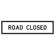 “ROAD CLOSED” black legend on retroreflective white – 1200×300mm corflute sign panel for traffic control.