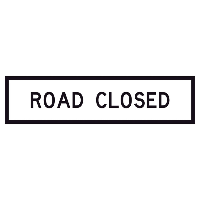 “ROAD CLOSED” black legend on retroreflective white – 1200×300mm corflute sign panel for traffic control.