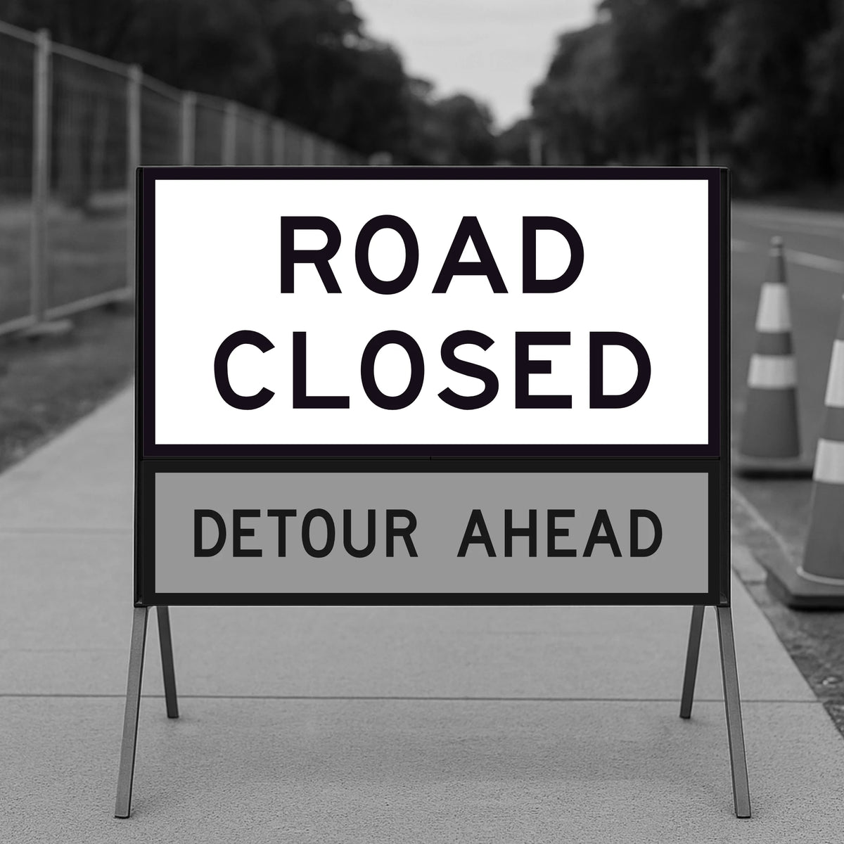 Road closed sign with roadwork information on a blurred background