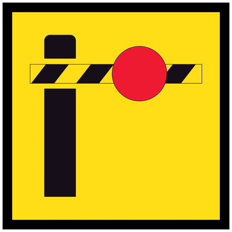 Symbolic boom barrier with red stop circle on retroreflective yellow background – 600x600mm corflute traffic sign