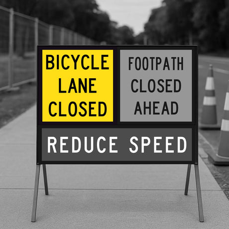 Temporary traffic Sign warning of bicycle lane closure, footpath closed ahead, and reduce speed.