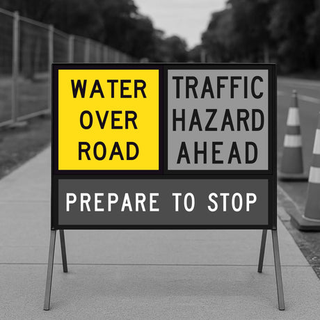 Warning sign indicating 'Water Over Road' and 'Traffic Hazard Ahead' with traffic cones in the background.