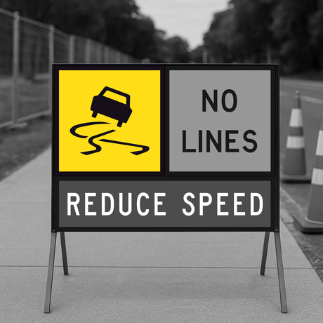 Road safety sign with car icon, 'No Lines' text, and 'Reduce Speed' text on a blurred road background.