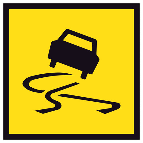 TM3-3A Slippery Road 600x600mm corflute sign panel with black slippery vehicle symbol and border on yellow retroreflective background