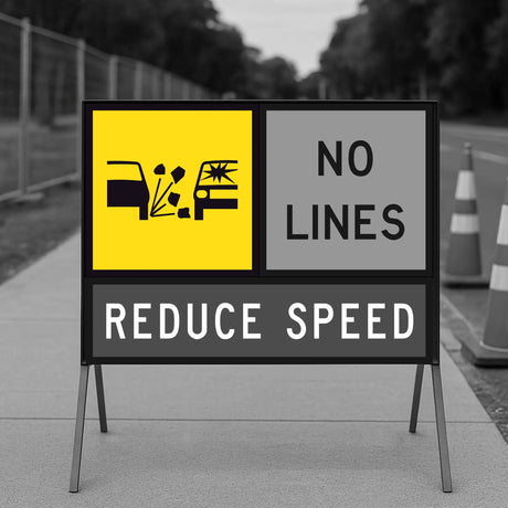 Road safety sign with yellow and black warning symbols and text on a blurred background