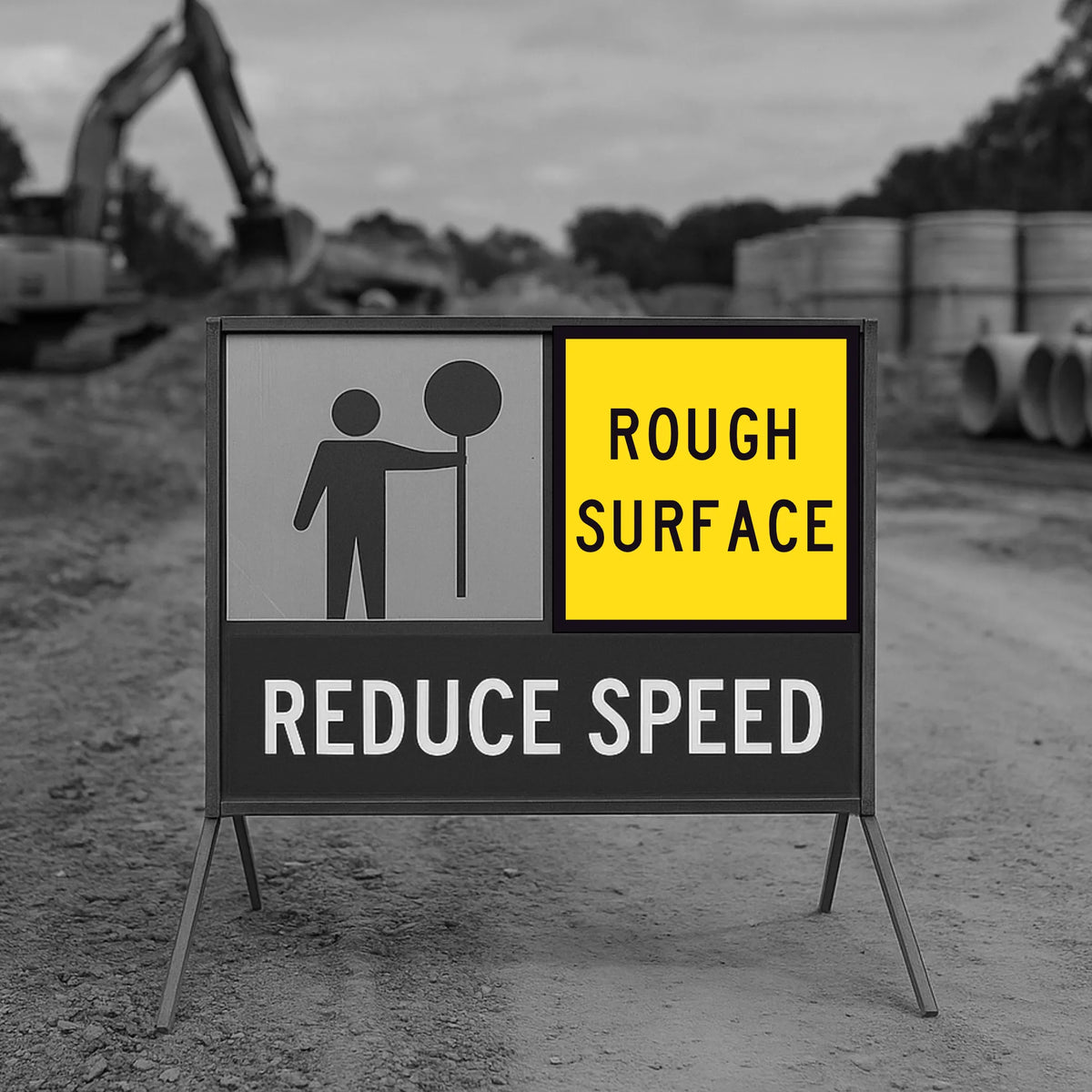 Construction site with 'Rough Surface Reduce Speed' sign and excavator in the background