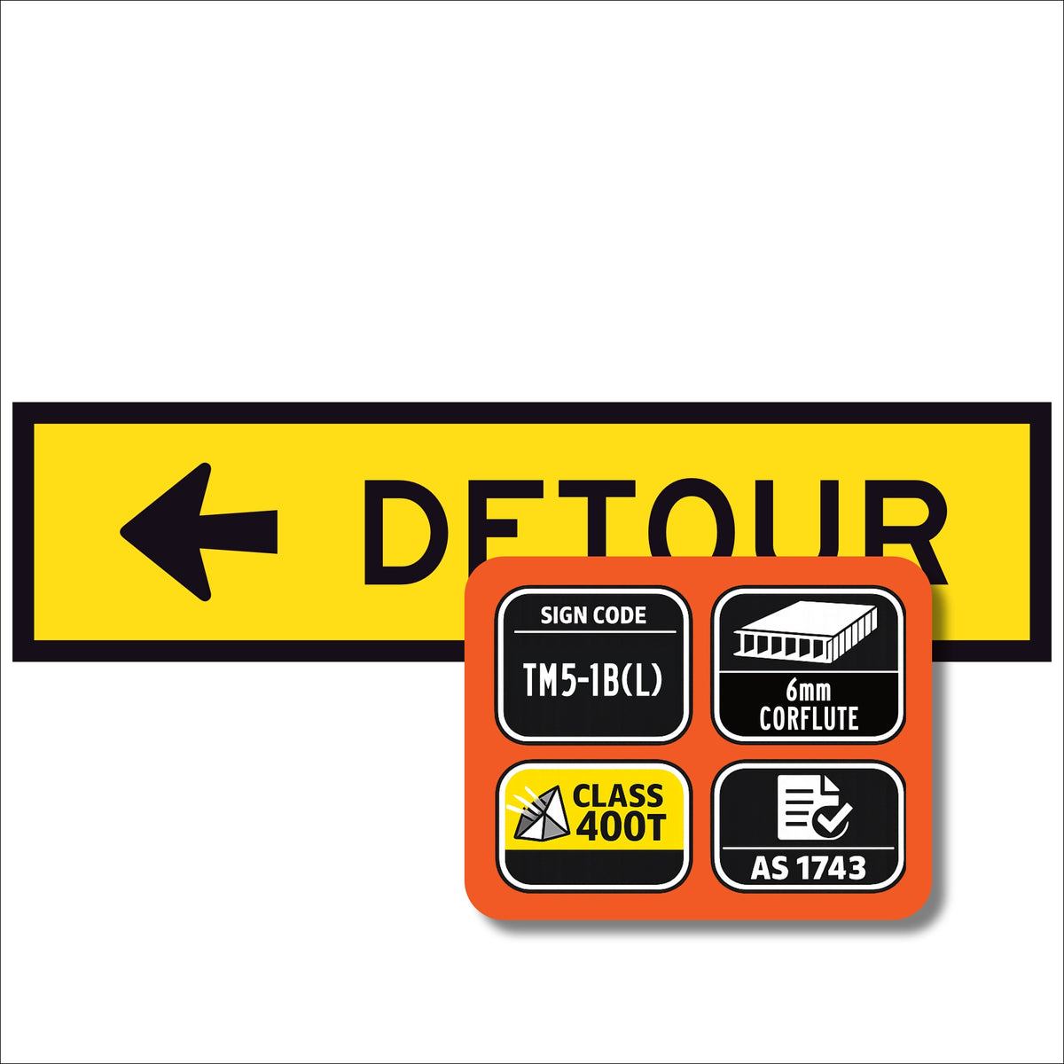 Detour Left TM5-1B(L) 1200x300mm corflute sign panel with black DETOUR legend and left arrow on yellow reflective background