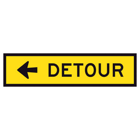 Detour Left TM5-1B(L) 1200x300mm corflute sign panel with black DETOUR legend and left arrow on yellow reflective background